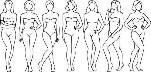 Six women in swimsuits line art illustration. eps-10