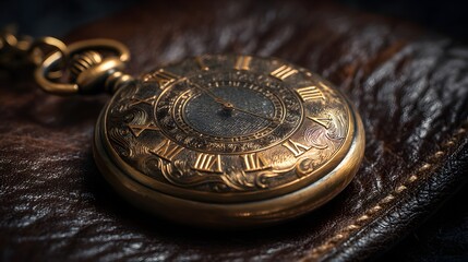 Antique Pocket Watch on Leather Surface with Intricate Design