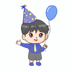 Cute Cartoon Boy in Blue Party Hat and holding baloon