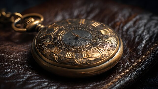 Antique Pocket Watch on Leather Surface with Intricate Design