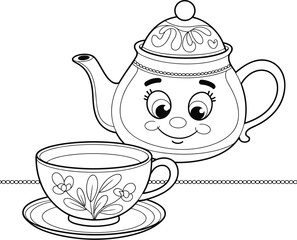 Adorable Cartoon Teapot and Tea Cup Coloring Page, Perfect for Kids' Activities