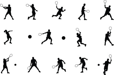 Dynamic Tennis Silhouette Set: Players in Action, Sports Iconography, Fitness Illustrations