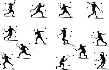 Dynamic Tennis Silhouettes: Players in Action, Sports Illustration, Fitness Motivation, Black and White Art