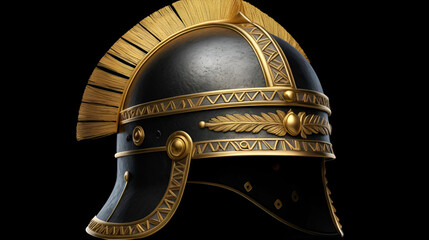 Detailed Illustration Of An Ancient Roman Helmet With Gold Accents And Fringe Isolated On Black Background