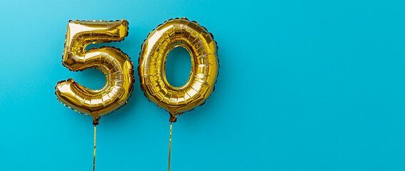 A gold foil balloon in the shape of the number 50, placed on a solid blue background in a flat layout, with ample copy space for celebration or anniversary-themed writing.