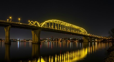 Obraz premium Illuminated bridge spanning river at night, city skyline reflected in calm waters