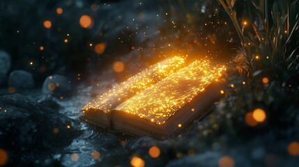 Enchanted Book Illuminating a Dark Forest with Mystical Light Particles