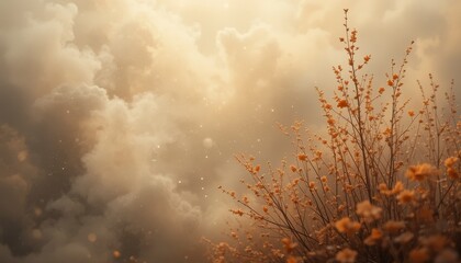 Serene Sunset Sky with Delicate Orange Flowers Blooming Gently in Warm Light