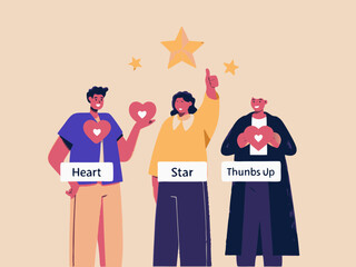 Diverse People Showcasing Heart Star and Thumbs Up Icons Representing Love Excellence and Approval in a Flat Vector Illustration