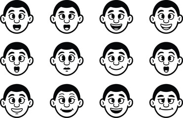 Vector illustration of diverse male character heads expressing various emotions with style