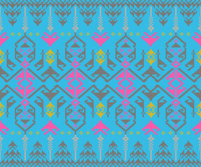 Geometric cross stitch antique style with Thai ornament pattern.embroidery pixel art.