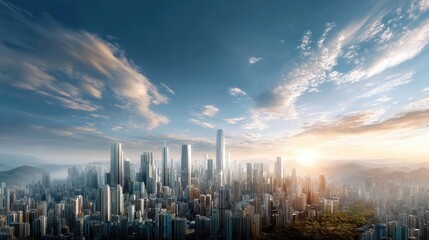 Fototapeta premium Financial planning goals and savings for retirement concept. A breathtaking skyline at sunset with towering skyscrapers.