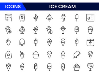Sweet vector web line icons showcasing ice cream, desserts, sundaes, pastries, and indulgent treats with colorful, delightful designs.