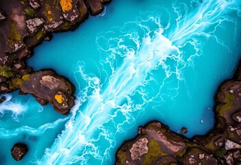 Abstract turquoise water patterns, Selfoss waterfall aerial view,  unique,  nature