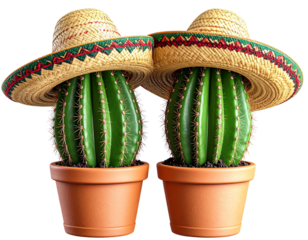 Two Cartoon Cacti Wearing Sombreros, Transparent PNG