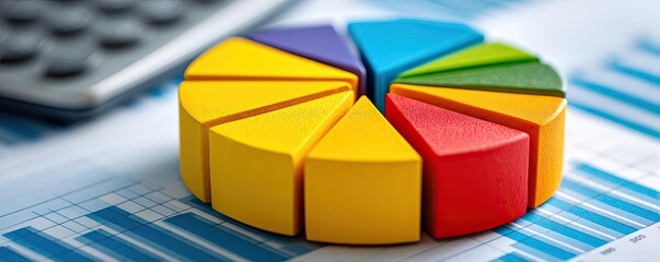 Fototapeta premium Financial planning goals and savings for retirement concept. Colorful pie chart on a financial report with calculator.