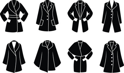 Black coat and jacket designs various styles isolated on white background for fashion concepts