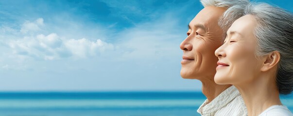 Financial planning goals and savings for retirement concept. Happy seniors enjoying a serene moment by the ocean.