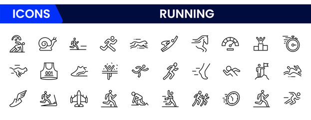 Dynamic vector web line icons showcasing running, athletic gear, speed, endurance, and fitness for an active, healthy lifestyle.