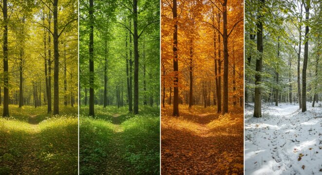 Seasonal transition of a forest path, showcasing spring's vibrant greens, summer's lush foliage, autumn's fiery hues, and winter's snowy stillness