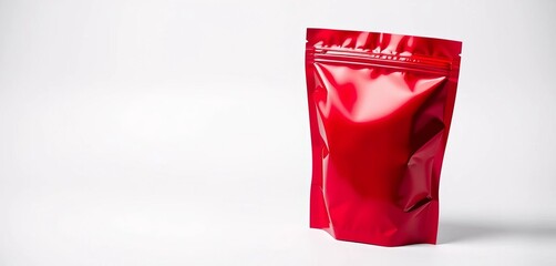 Shiny red stand-up pouch with zipper, angled view on white,  red,  object
