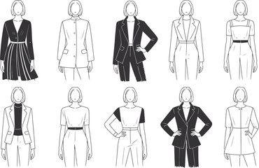 Elegant fashion illustration of women in professional outfits and suits in black and white