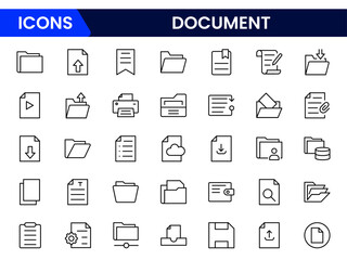 Streamlined vector web line icons depicting document management, filing, organization, digital archives, and efficient data handling solutions.