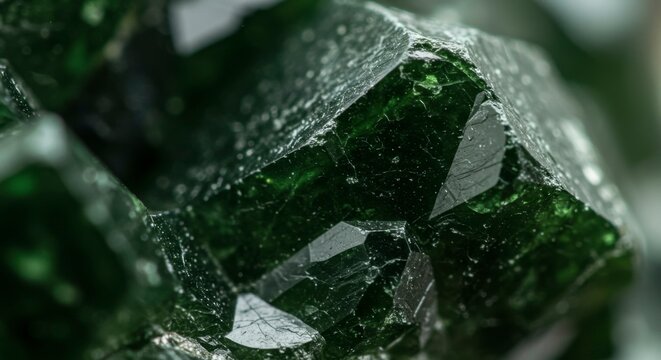 Close-up of deep green, multifaceted crystals with visible facets and textures.  Intricate details show the mineral's natural formation