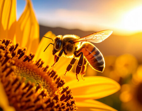bee on sun flower close up 