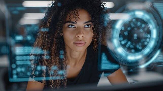 Young Woman in Tech Environment Using Futuristic Holographic Interface