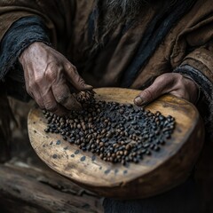 Aged hands arrange dark seeds on weathered wooden tray