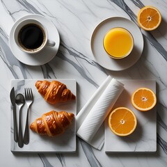 breakfast with croissant and orange juice with coffee background