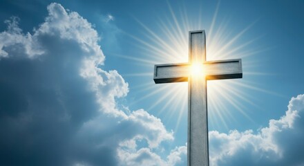 Silver cross against a vibrant sky, sunburst rays