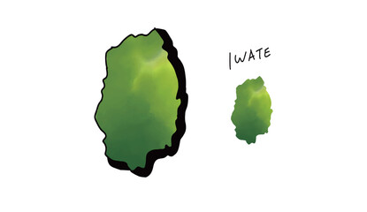 緑の水彩で塗られた岩手県の地図の手書きベクターイラスト