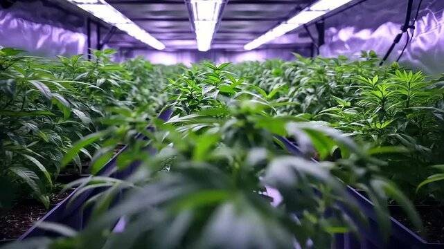 Lush indoor cannabis cultivation with vibrant plants under bright LED lights in a controlled environment