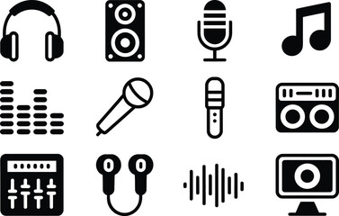 Obraz premium Black and white icon collection featuring music equipment elements and sound symbols