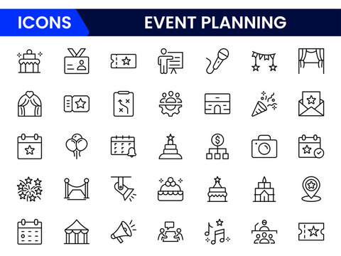 Organized vector web line icons depicting event planning, schedules, decorations, invitations, and seamless coordination for memorable occasions. - Powered by Adobe