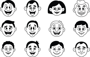 Cartoon head icons collection depicting various smiling faces and diverse expressions for graphic design