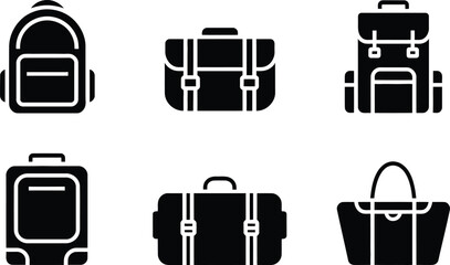 Minimalist icon collection featuring various styles of luggage and backpacks for travel and transportation