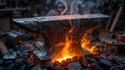 Worn dark grey blacksmiths anvil glowing hot representing traditional craftsmanship and forging on coals
