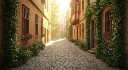 Fototapeta premium Sunny, narrow street lined with historic buildings. Plants and flowers adorn the facades