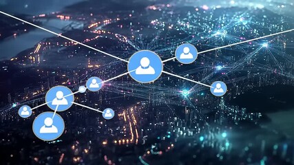A digital network connecting users over a vibrant cityscape at night, showcasing technology and communication - Powered by Adobe