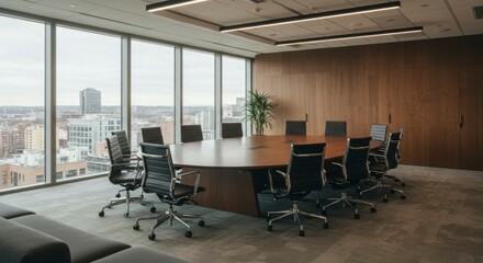 Modern boardroom with large windows offering city views, featuring a round table surrounded by executive chairs and wood paneling