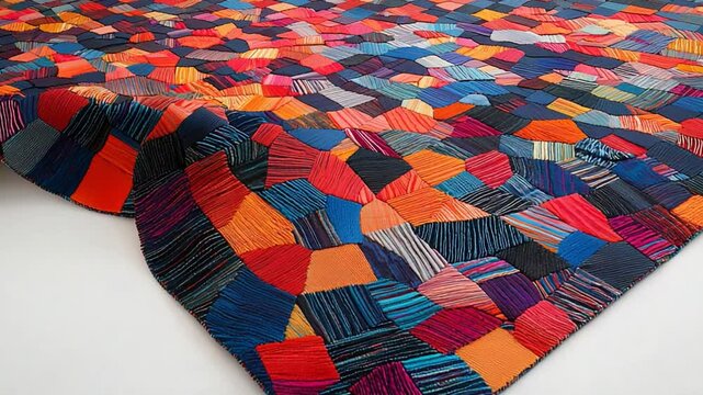 Colorful patchwork quilt draped elegantly on a surface, showcasing intricate textile patterns