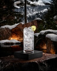 Refreshing gin and tonic cocktail with lime in winter.