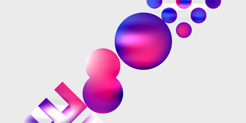 Abstract composition featuring vibrant pink, purple spheres, rectangles. Gradient colors create dynamic visual flow. Modern design elements present.