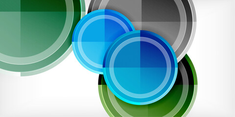 Abstract design features overlapping circles, squares, gradients. Blue, green, gray tones dominate white background. Modern, sleek composition.