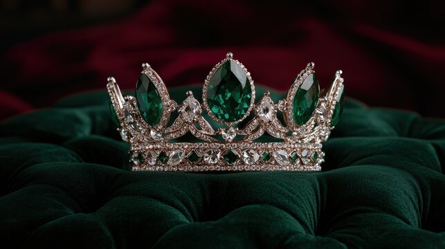 Opulent emerald crown resting on a dark green cushion.