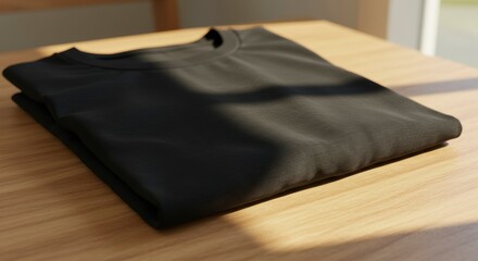 Folded black t-shirt on wooden table