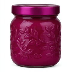 Elegant magenta jar with embossed floral design and lid.